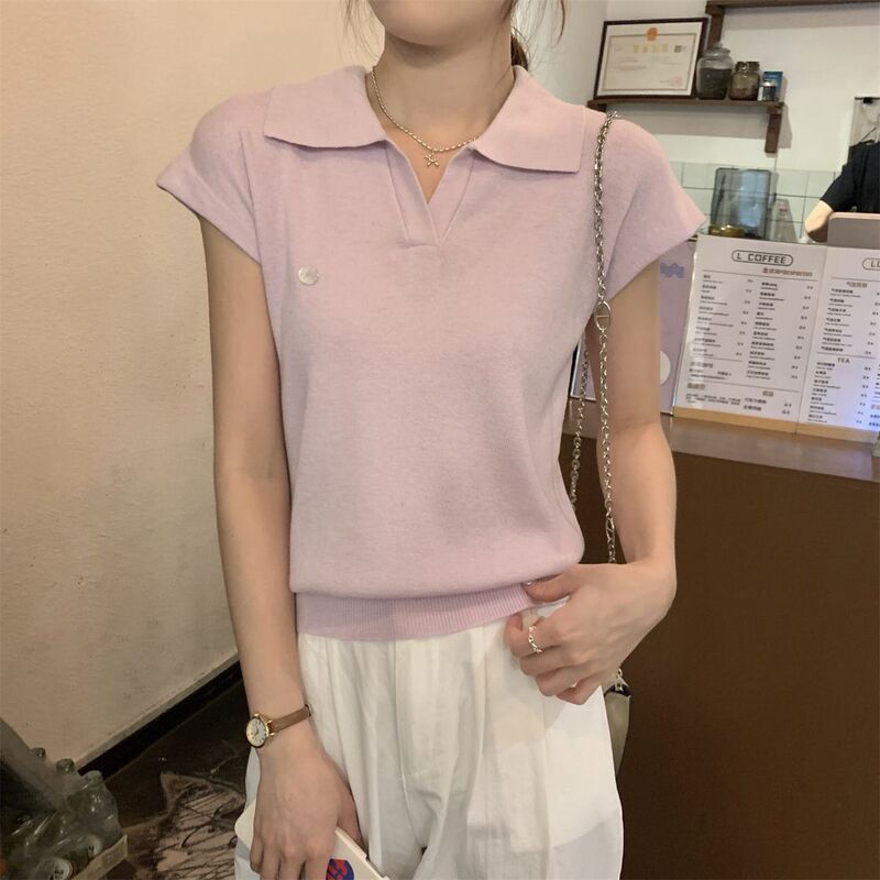 Blue Straight-Shoulder Polo Shirt for Women, Ice Silk Knitted Short-Sleeve T-Shirt, Summer Short V-Neck Top, Ice Silk Knitwear for Summer