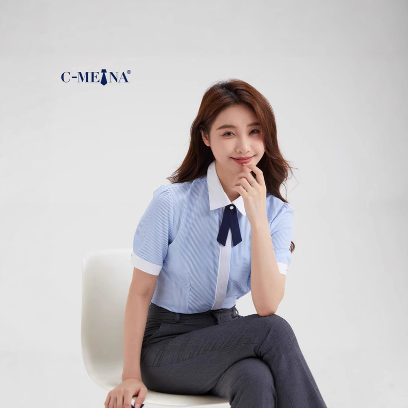 Summer New Striped Women's Short-Sleeve Shirt, Elegant and Slim-Fit Fashion Blouse for Commuting and Professional Wear