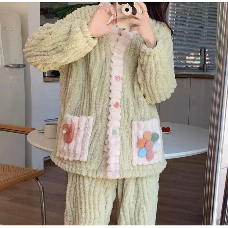 秋冬新款居家服女提花毛绒家居服女秋冬珊瑚绒睡衣可外穿开衫套装|undefined