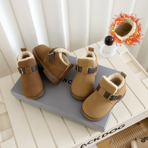 Winter New Girls' Velcro Suede Baler Boots Children's Cotton Boots Korean Style Fashion Belted Short Boots