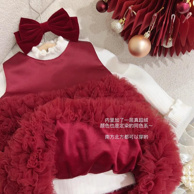 Vestido Rojo de Otoño/Invierno para Niña, Modelo Sweet Little Sister 25, con Forro Polar, Vestido de Malla Hecho a Mano, Vestido de Año Nuevo, Vestido de Cumpleaños, Moderno