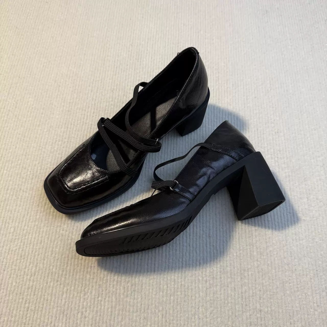 新款静音粗跟玛丽珍单鞋6.5cm高跟小个子松紧带方头气质高跟单鞋