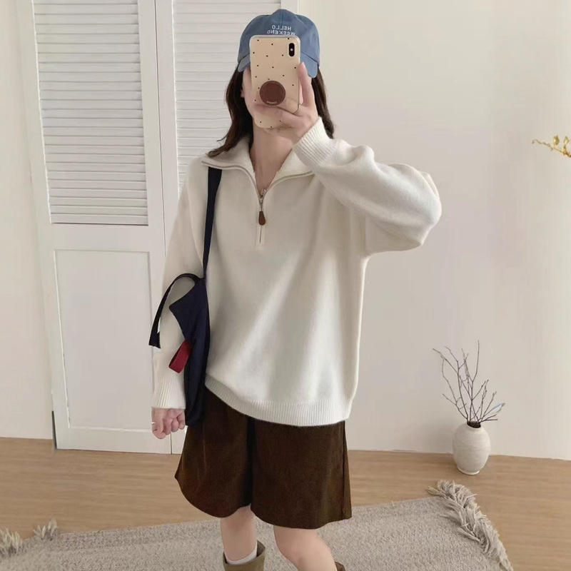 韩系半拉链翻领套头毛衣女2025秋冬季新款宽松百搭针织衫上衣|undefined