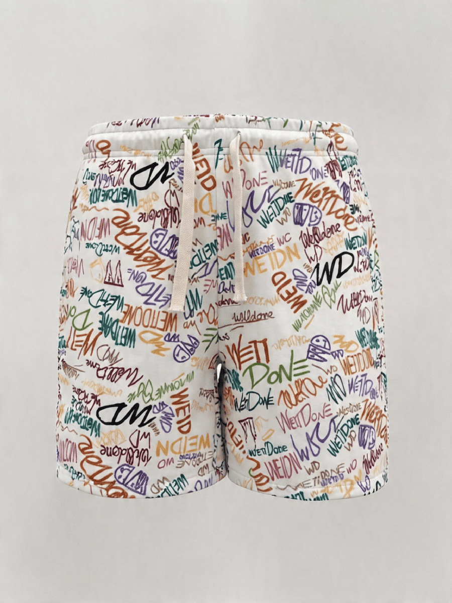 Retro Full Print Graffiti Lettering Men's Summer Shorts, High Street Loose Fit Straight Leg 5-Point Shorts_viptrois.com