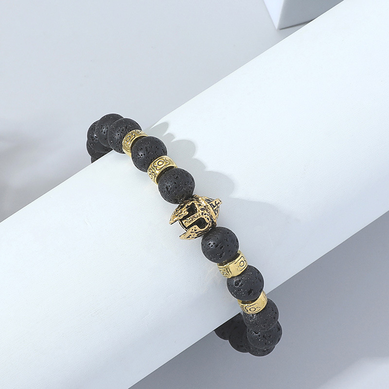 Pulsera de ágata gris-azul-naranja con cuentas de piedra volcánica negra, estilo natural espartano