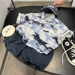 男童2024夏款美式寬鬆水墨迷彩短袖襯衫兒童街頭輕薄涼爽半袖襯衣