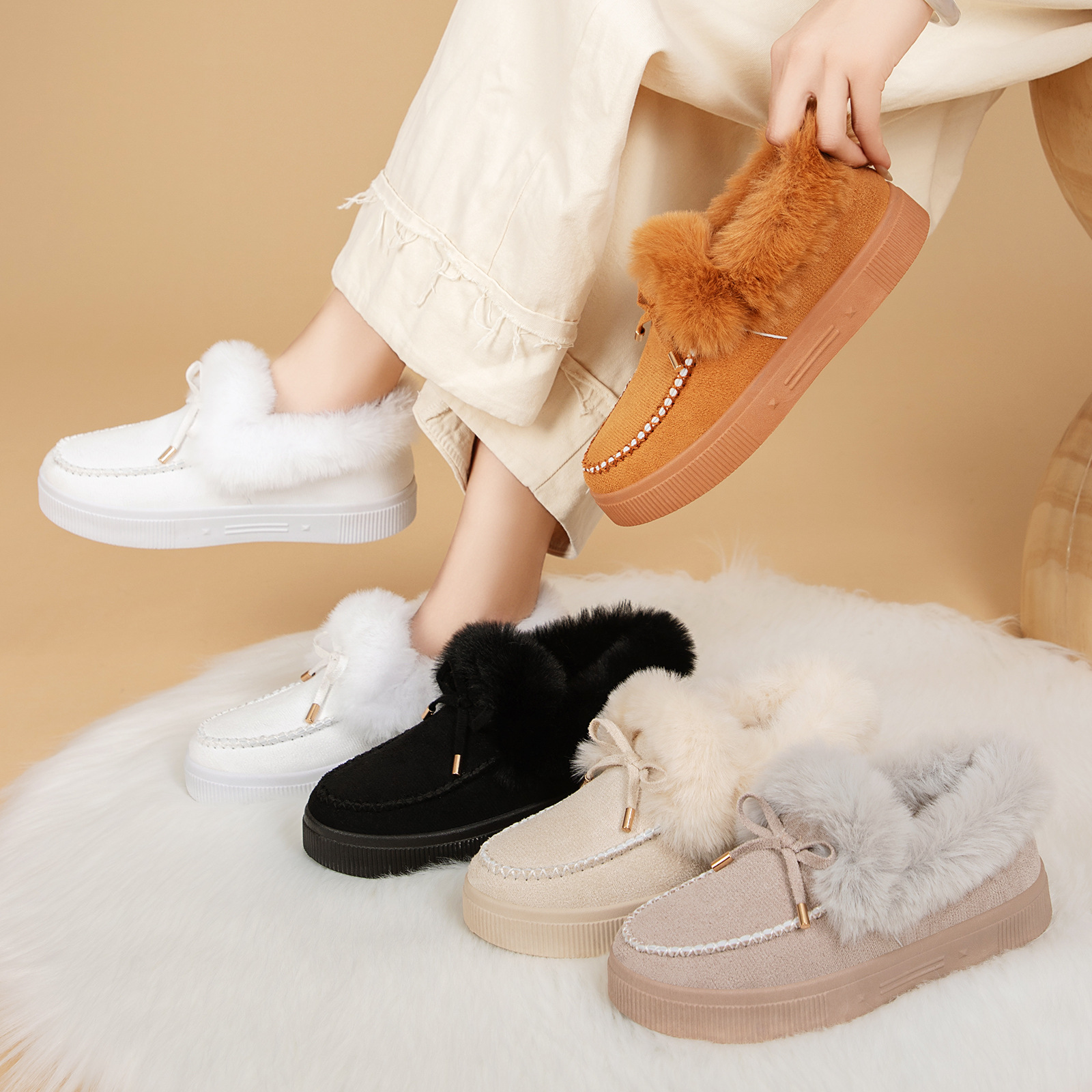 Zapatos de algodón de mujer transfronterizos TEMU zapatos de lana botas de nieve de arco de gran tamaño botas de algodón gruesas botas poco profundas botas cortas