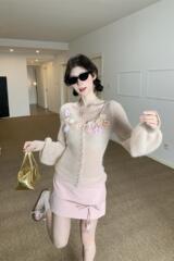 法式甜美立体花粉色针织开衫女早春设计感马海毛气质修身显瘦上衣