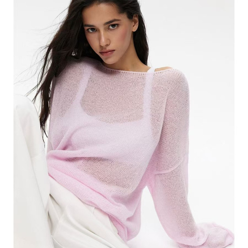 Autumn New Hollow Knitted Top Women's Loose Gauze Machine Woven Sexy Round Neck Perspective Thin Sweater for Women