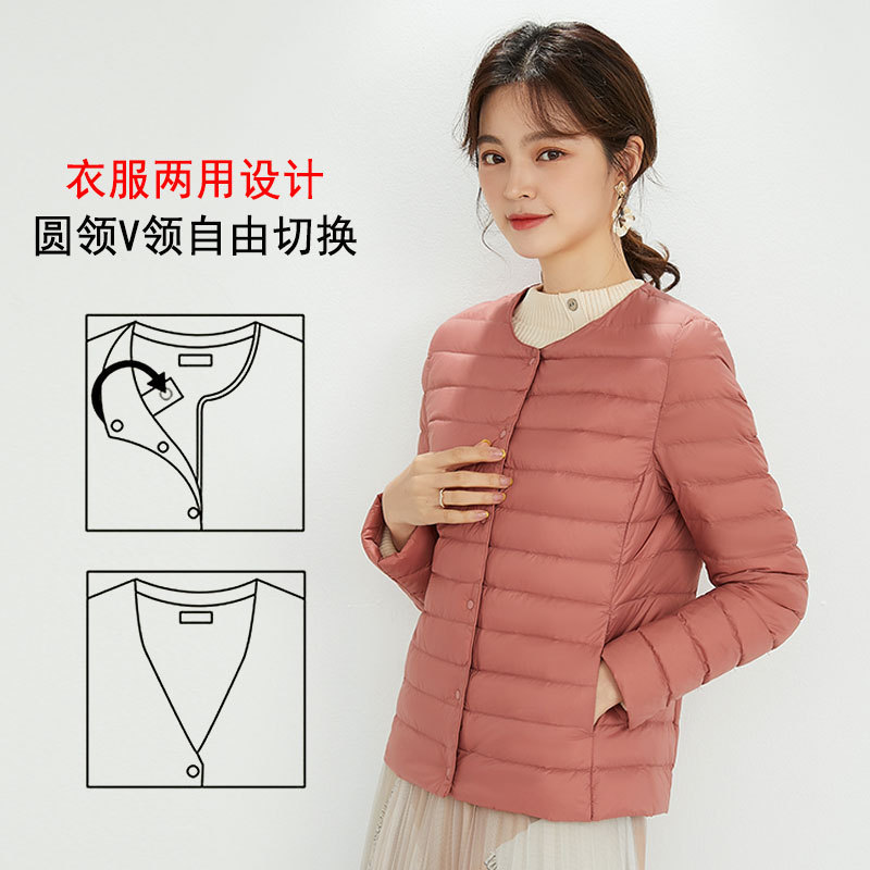 Nuevo chaqueta de plumón ligera para mujeres de invierno y otoño, chaqueta de cuello redondo de cuello en V, doble chaqueta corta grande y delgada