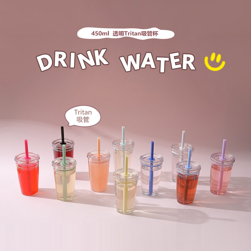 2025 Summer New 450ml Candy Color Tritan Drink Cup Milk Tea Cup Multicolor Cyber Celebrity Transparent Suction Tube Cup