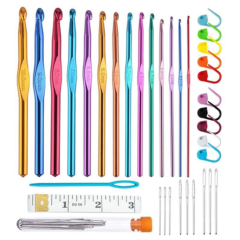 Set de ganchillo metálico 22 piezas, funda de cuero, color aluminio, tejido a ganchillo, 100 uds disponibles
