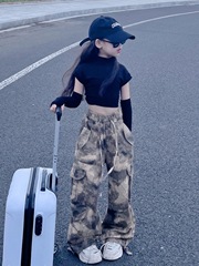 子供の迷彩の工装のズボンの女の子の春秋2025の新型の洋気の秋の服の中で大きい子供の街のダンスのゆったりしているレジャーのズボン