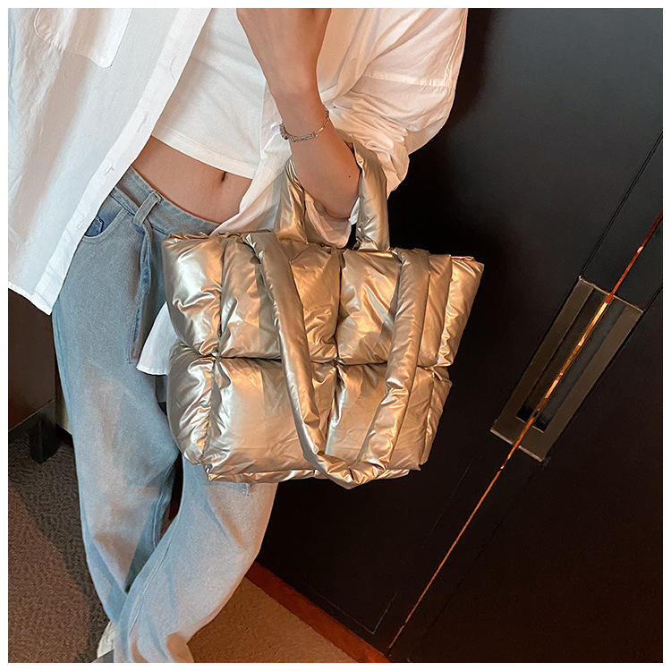 Down Bag Women Fashion Large Capacity Tote Bag High grade Shiny Handbag Simple Checkered Cotton Bag Shoulder Bag_voghion.com