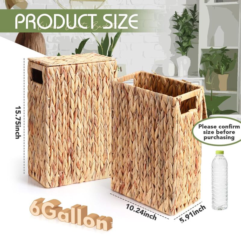 Wicker Garbage Basket with Lid, Wicker Trash Can with Built-In Handle, Hand-Woven Trash Can, Bedroom Bathroom Storage Basket