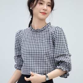 实拍格子衬衫女装新款薄款宽松Polo领通勒长袖上衣外套女