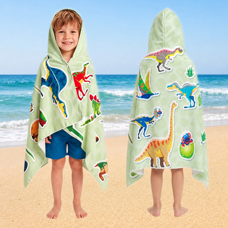 In-stock dinosaur pattern children's hooded beach towel, quick-drying, absorbent, sand-proof bathing cape, bath towel, customizable with your own design