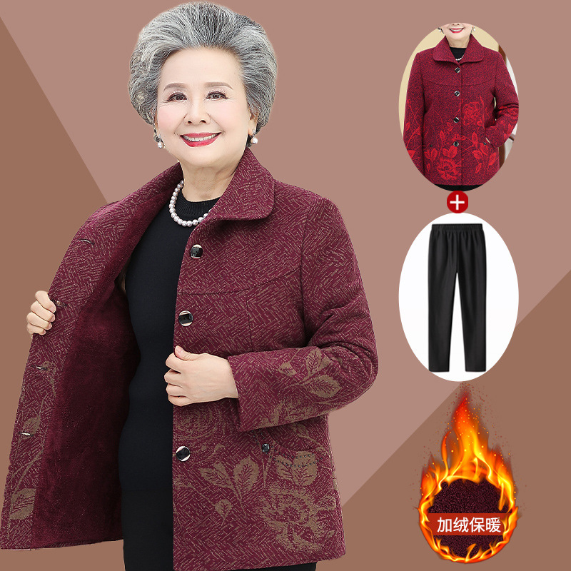 奶奶装秋冬加绒外套70岁80中老年人女妈妈春秋季呢子上衣老人衣服