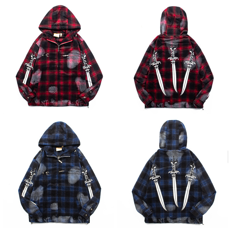 American High Street Retro Printed Red Zipper Silhouette Long-Sleeved Flannel Multi-Flap Pocket Pants Hooded Shirt Jacket