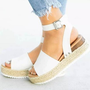 Foreign Trade Large Size Women's Shoes Thick-soled Women's Sandals Single Buckle Belt Wedge Hemp Rope Light-soled Thick-soled High-heeled Sandals Women's European and American