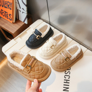 2024 Winter New Children's Princess Leather Shoes Winter Shoes Girls Mao Mao Cotton Shoes Bean Shoes Warm Thickened Loafers