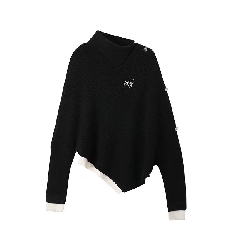 유럽 버전 느슨한 게으른 가을과 겨울 새로운 여성의 가을과 겨울 높은 칼라 불규칙한 느슨한 케이프 스웨터 코트 회색 디자인