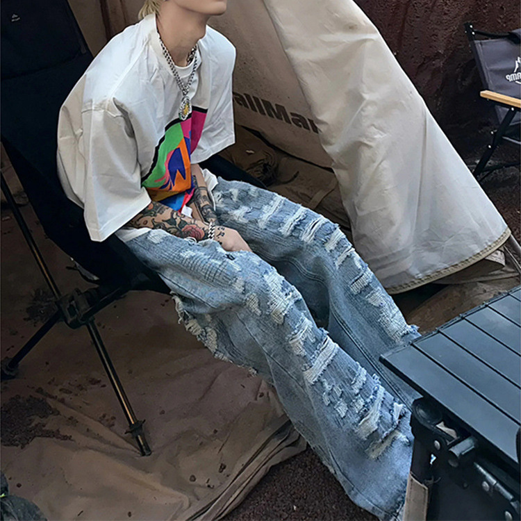 European and American style vibe style pants American style retro ripped jeans men's summer design sense niche beggar straight pants