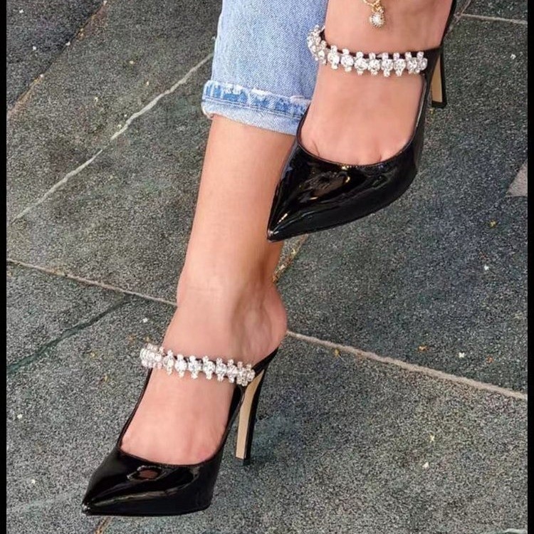 French-style rhinestone pointed toe high-heeled slippers NSYBJ139000