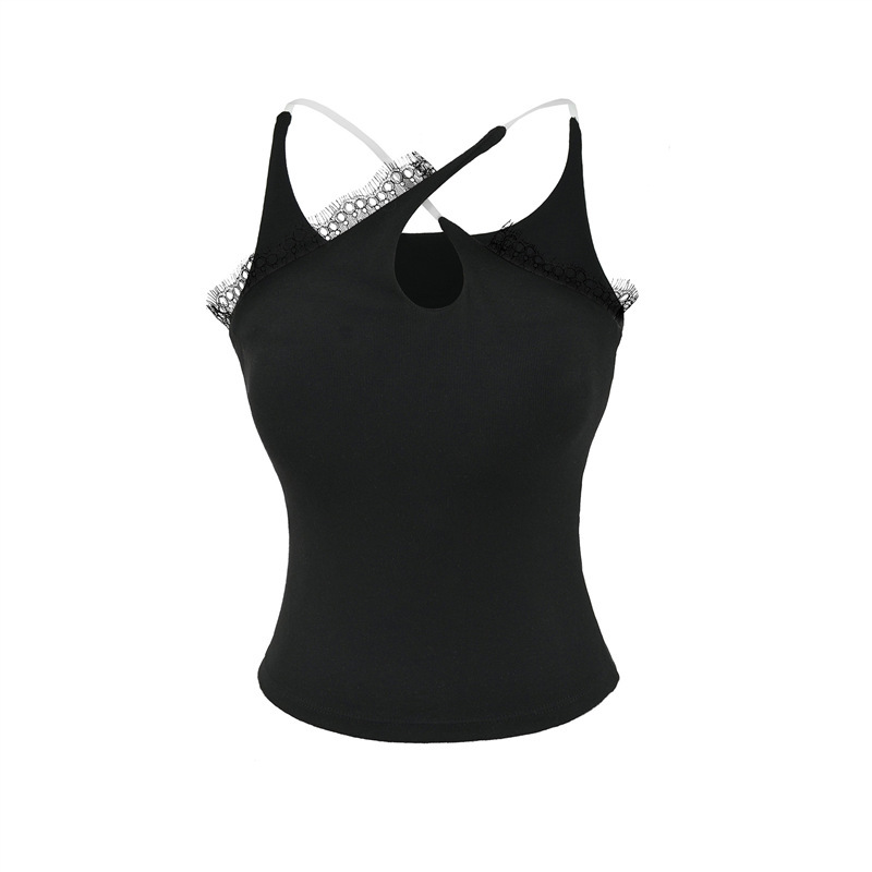 Unique lace splicing irregular hollow-out beautiful back camisole, cotton-spandex high-elasticity black and white waist-cinching base top for petite women Unique lace splicing irregular hollow-out beautiful back camisole, cotton-spandex high-elasticity black and white waist-cinching base top for petite women