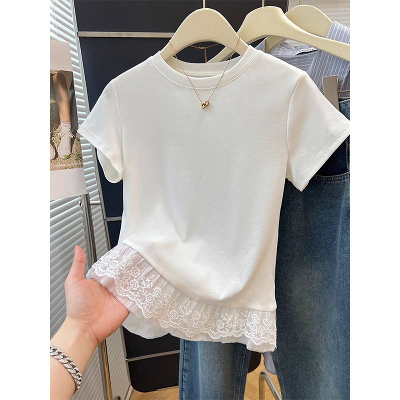 Pure Desire Lace Hem Round Neck Short Sleeve T-Shirt for Women, Summer Little Chanel Style Layered Top with Stunning Elegance Pure Desire Lace Hem Round Neck Short Sleeve T-Shirt for Women, Summer Little Chanel Style Layered Top with Stunning Elegance