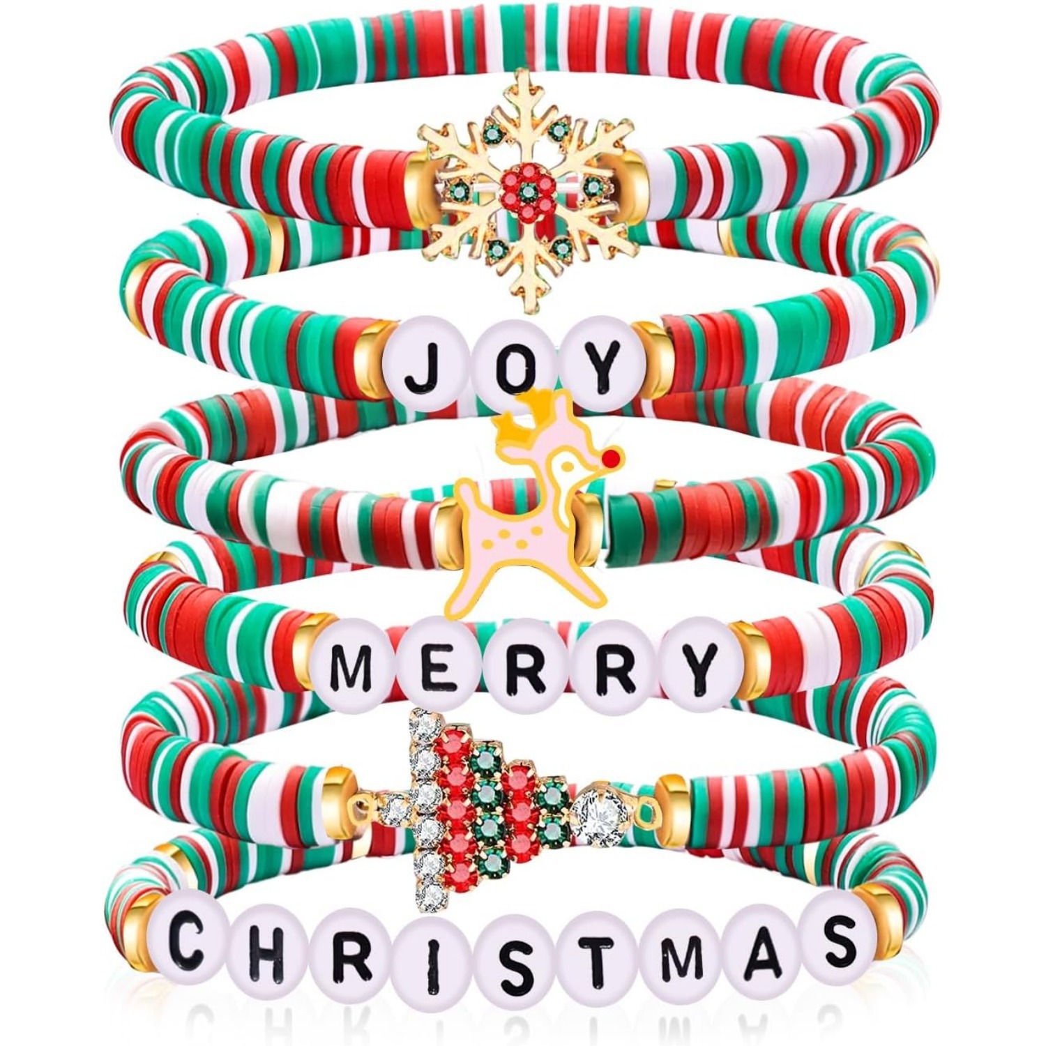 Cross-Border Hot-Selling 6-Piece Set of Christmas Soft Clay Bracelets with Red and Green Color Scheme and Christmas Tree Pendants for Women, Party Bracelets Wholesale