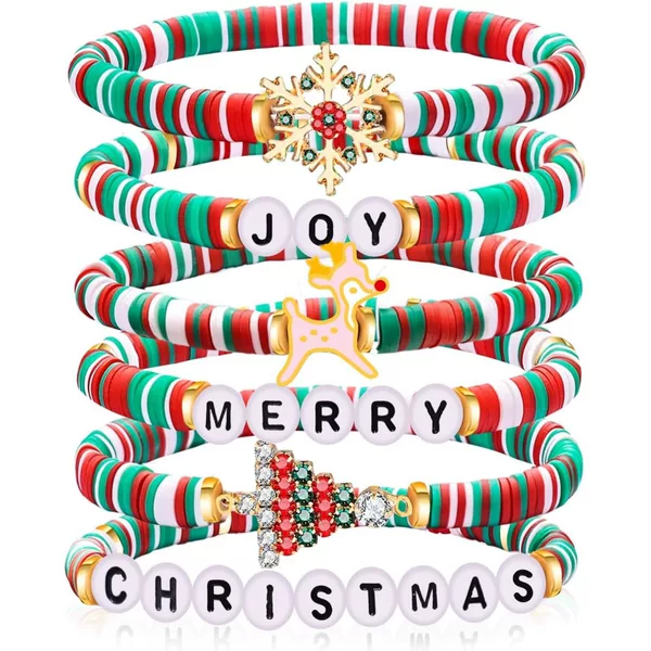 Cross-Border Hot-Selling 6-Piece Set of Christmas Soft Clay Bracelets with Red and Green Color Scheme and Christmas Tree Pendants for Women, Party Bracelets Wholesale