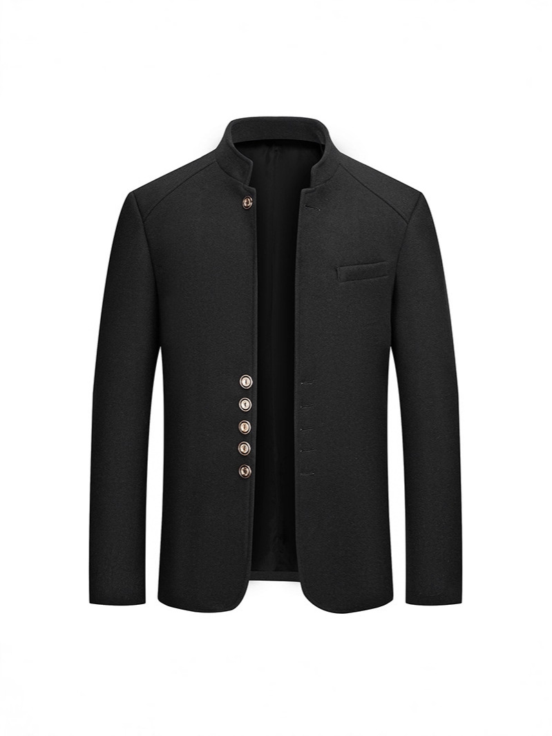 Autumn and Winter New Men's Casual Slim Stand-Up Collar中山 Woolen Outwear Men's Pure Color Woolen Outwear Cross-Border