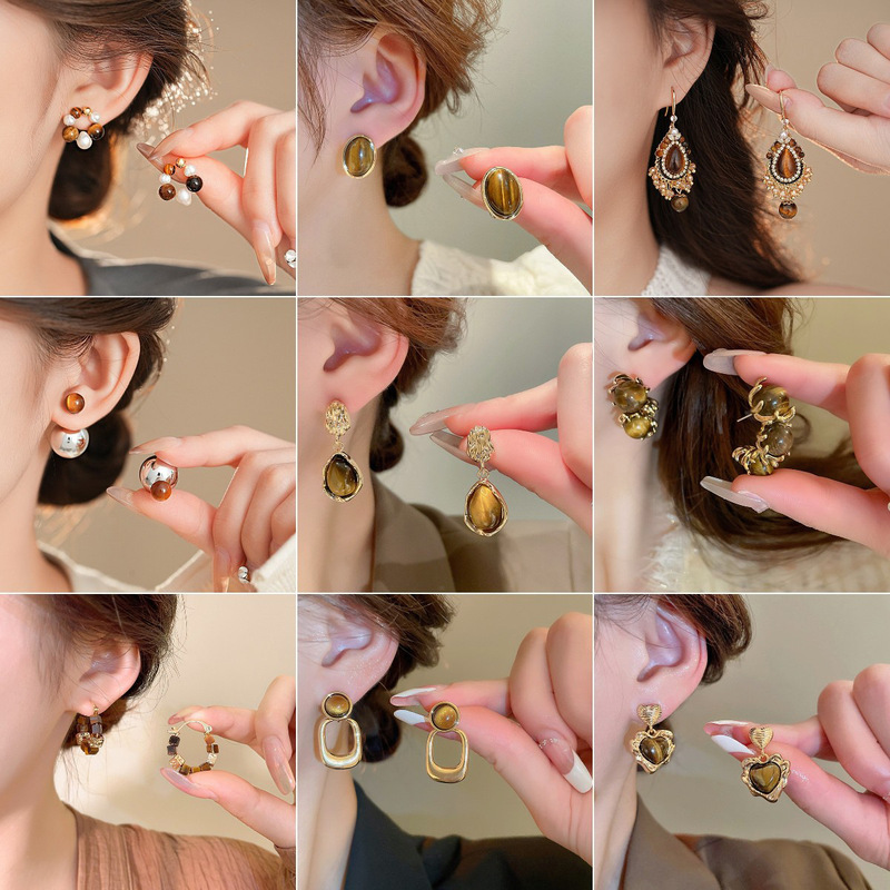 Maillard Series Tiger Eye Earrings Autumn and Winter Fashion All-match Earrings Personalized Retro Hong Kong Style High-end Earrings