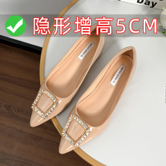 網紅水鑽裸色單鞋女2025新款平底內增高一腳蹬尖頭淺口仙女晚晚鞋