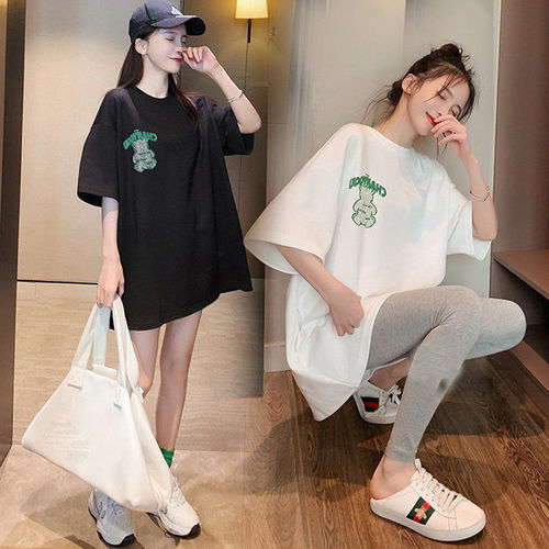 Maternity Summer Top Pure Cotton Set Stylish Outdoor White T-shirt Dress Spring and Summer Short Sleeve Maternity Base Shirt
