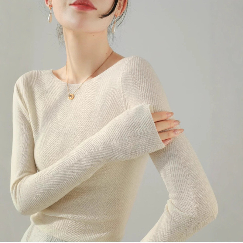 Early Autumn High-End Yangzi Yarn Base Shirt, Fine-Spun Wool, Off-Shoulder High-Stretch Knit Top, Autumn and Winter Long-Sleeve T-Shirt for Women