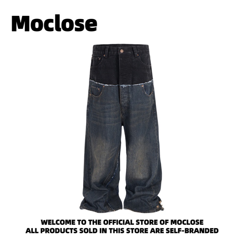 Moclose Jeans Double Layer Waist Patchwork Distressed Wide Leg Blue