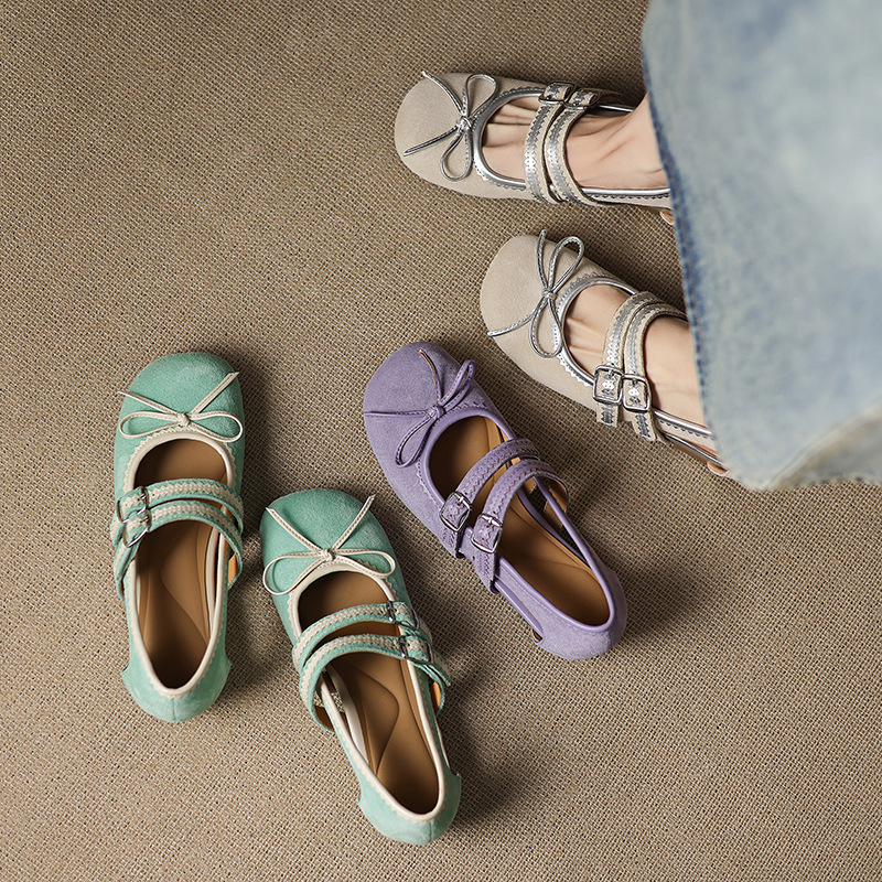 Cartoon Girl's Bow Double-Row Belt Buckle Colorblock Mary Jane 2025 Hollow Interior Height-Increasing Mid-Heeled Leather Shoes