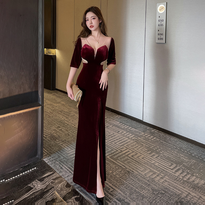 Sexy Nightclub Velvet Dress, Elegant Club Lady Outfit, High-End Light Luxury Sauna Technician Evening Dress