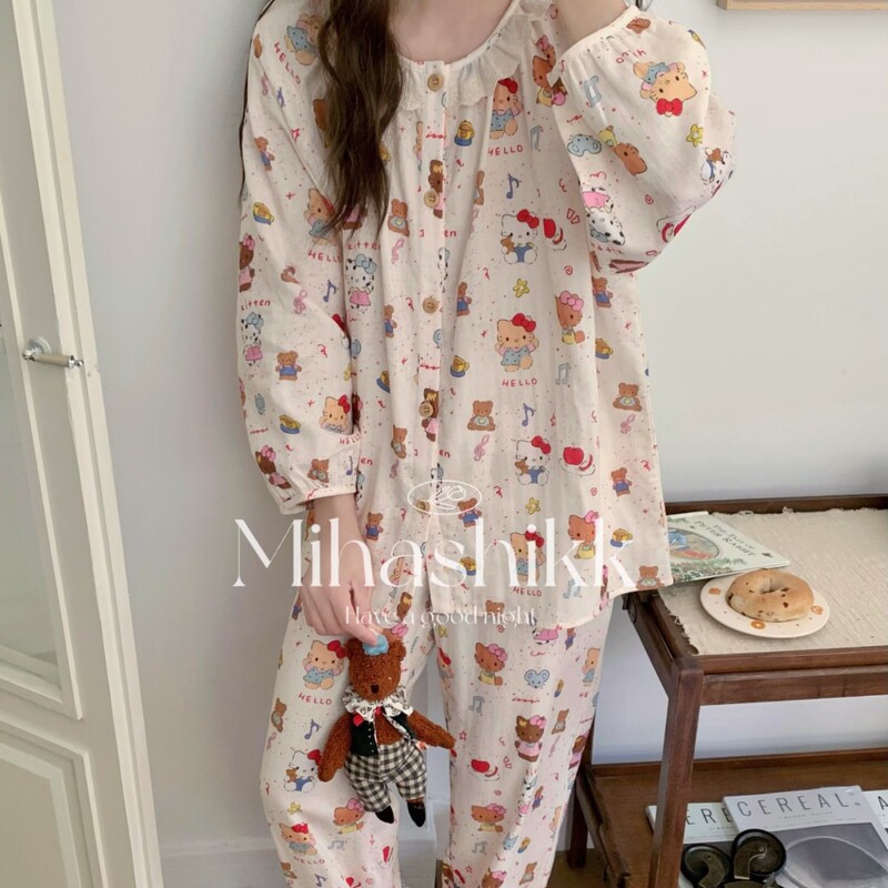 Mihashikk Four Seasons 100% Pure Cotton Double-Layer Gauze Pajamas for Women Cartoon Retro Cat Long-Sleeved Home Clothes Autumn