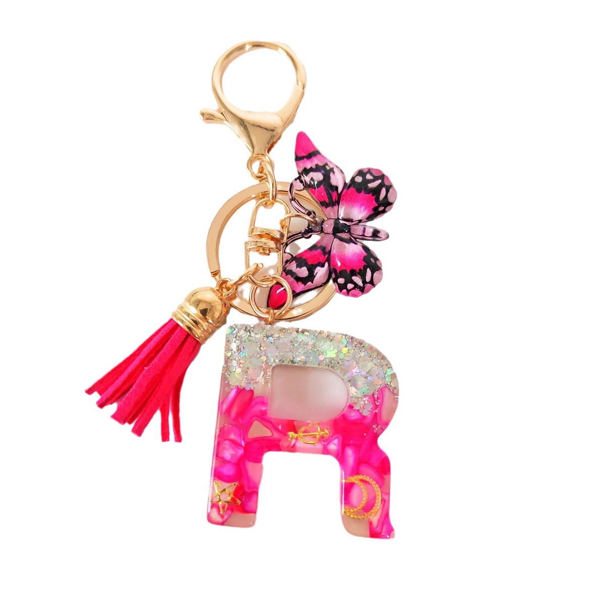 Inventario transfronterizo nueva resina bicolor mariposa borda llavero colgante estrella luna accesorios de joyas