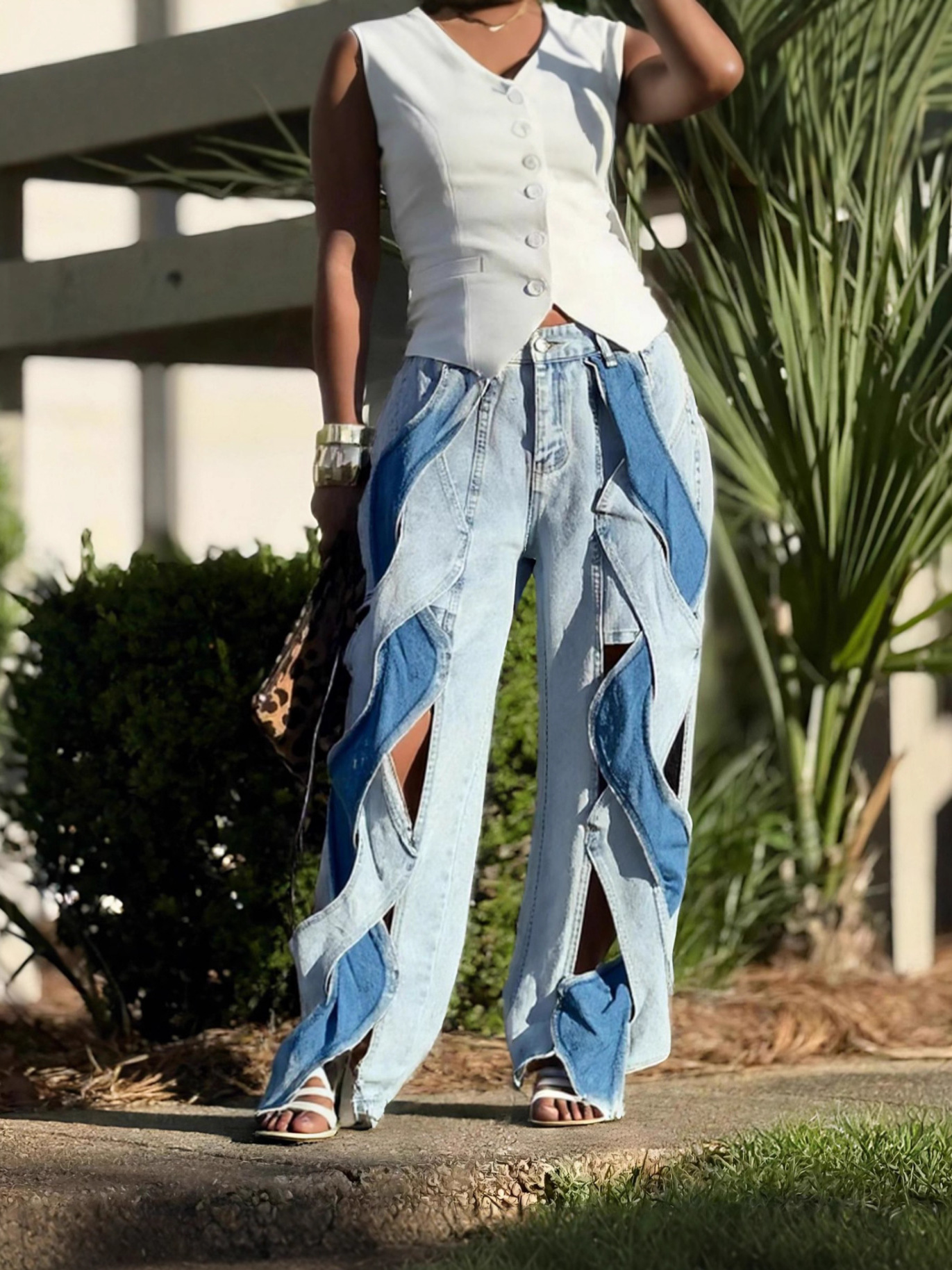 Trendy Distressed Denim Jeans With Braided Twist & Cutout Design - Straight Leg Comfort Fit For Women & Men​_ecoleips.com