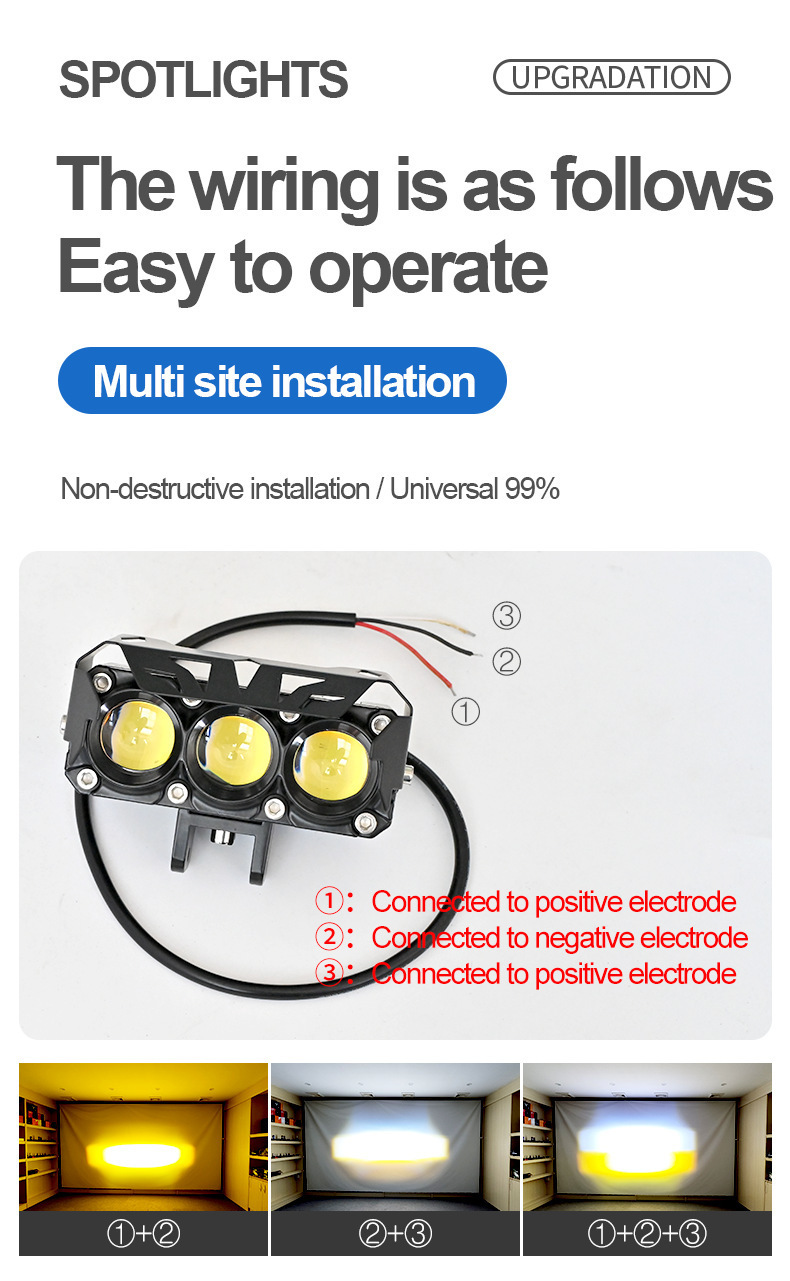 Motorcycle Spotlight with Three Lenses, Fan, Dual-Color Led Headlight, High and Low Beam, Super Bright Electric Motorcycle Headlight
