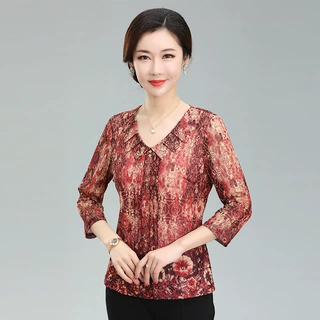 竹语声2024新款春装中年女装衬衫台湾网纱妈妈装大码春装套头上衣
