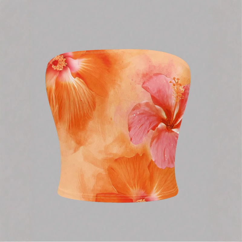 American Retro Island Hottie Sexy Strapless Tube Top Flower Print Tight 2025 Summer New Top