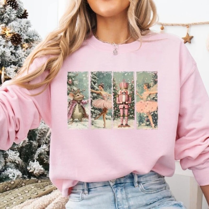 Merry Christmas Pink Holiday Christmas Sweatshirt Nutcracker Ballerina Festival Autumn Winter Men's Style