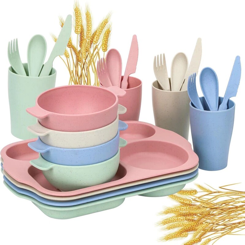 Wheat Straw Children's Tableware Six-Piece Set Kindergarten Cafeteria Divided Tableware Set Children's Bowl Cup Fork Spoon