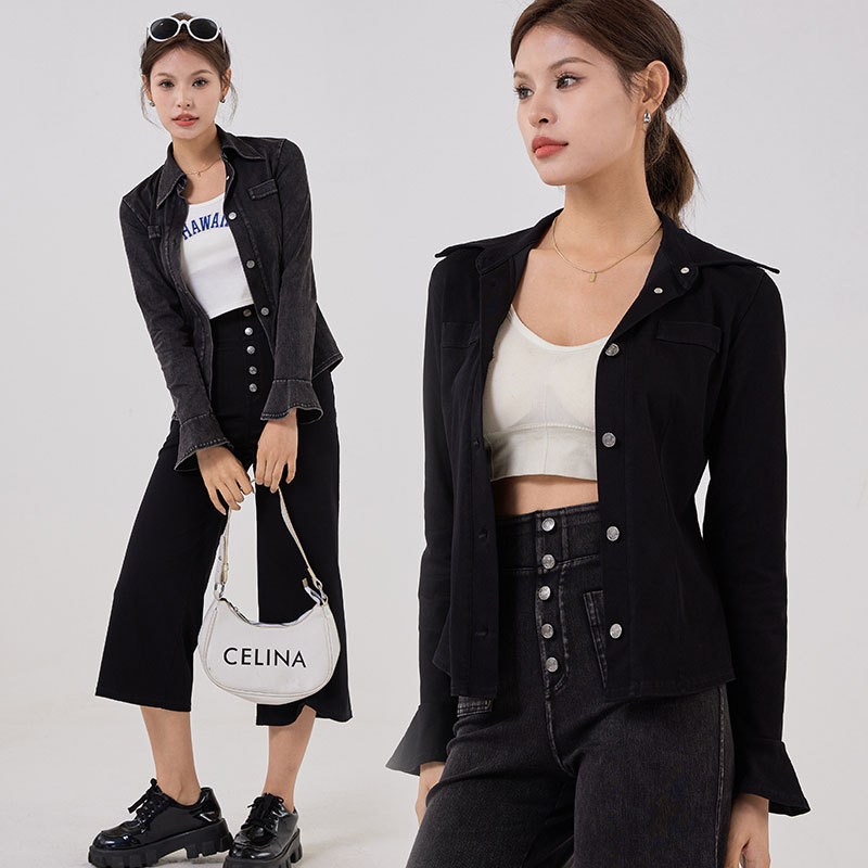 Nueva camisa de vaqueros con mangas de cuerno, camisa de vaqueros con cuello delgado, hebilla de metal elástica, chaqueta deportiva de fitness