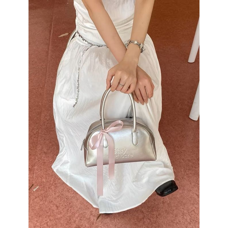 Silver Fashionable Boston Handbag 2025 New Large Capacity Sweet Cool Hot Girl Style One Shoulder Crossbody Bowling Bag